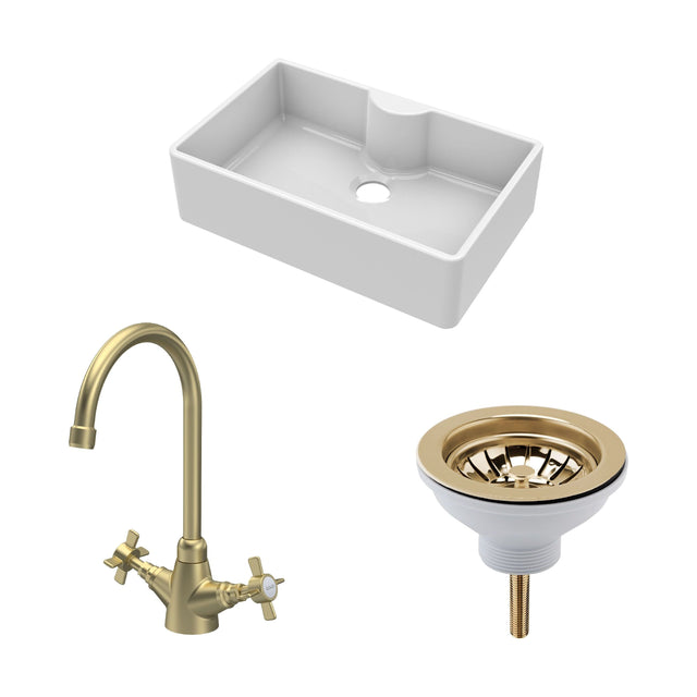 [BKS208WT11] Fireclay Kitchen Bundle - Single Bowl Butler Sink with Tap Ledge, Waste & Mono Tap, 795mm - Brushed Brass - Cutout