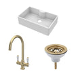 [BKS208WT12] Traditional Fireclay Kitchen Bundle: 1 Bowl Butler Sink with Tap Ledge, Waste & Mono Lever Tap, 795mm - Brushed Brass - Cutout