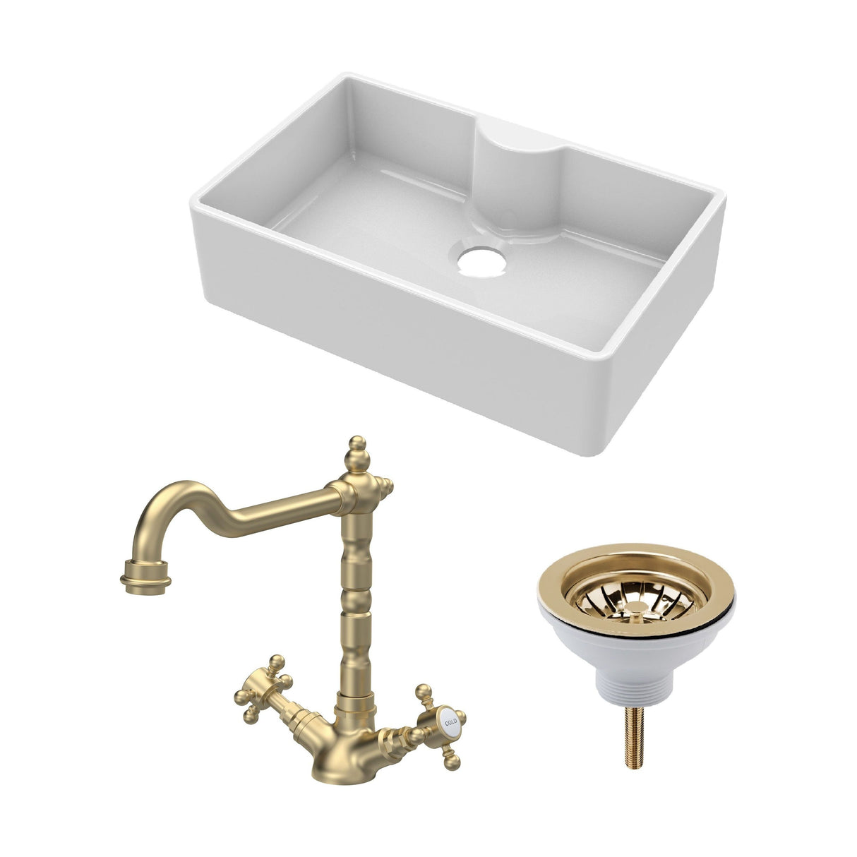 [BKS208WT13] Fireclay Kitchen Bundle - Single Bowl Butler Sink with Tap Ledge, Waste & Classic Tap, 795mm - Brushed Brass - Cutout