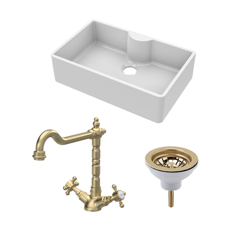 [BKS208WT13] Fireclay Kitchen Bundle - Single Bowl Butler Sink with Tap Ledge, Waste & Classic Tap, 795mm - Brushed Brass - Cutout