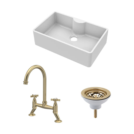 [BKS208WT14] Fireclay Kitchen Bundle - Single Bowl Butler Sink with Tap Ledge, Waste & Bridge Tap, 795mm - Brushed Brass - Cutout