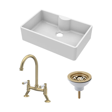 [BKS208WT15] Fireclay Kitchen Bundle - Single Bowl Butler Sink with Tap Ledge, Waste & Lever Tap, 795mm - Brushed Brass - Cutout