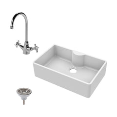 [BKS208WT2] Single Bowl Fireclay Ceramic Butler Kitchen Sink Bundle with Mono Mixer Tap, Tap Ledge & Waste - Cutout