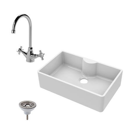 [BKS208WT2] Single Bowl Fireclay Ceramic Butler Kitchen Sink Bundle with Mono Mixer Tap, Tap Ledge & Waste - Cutout