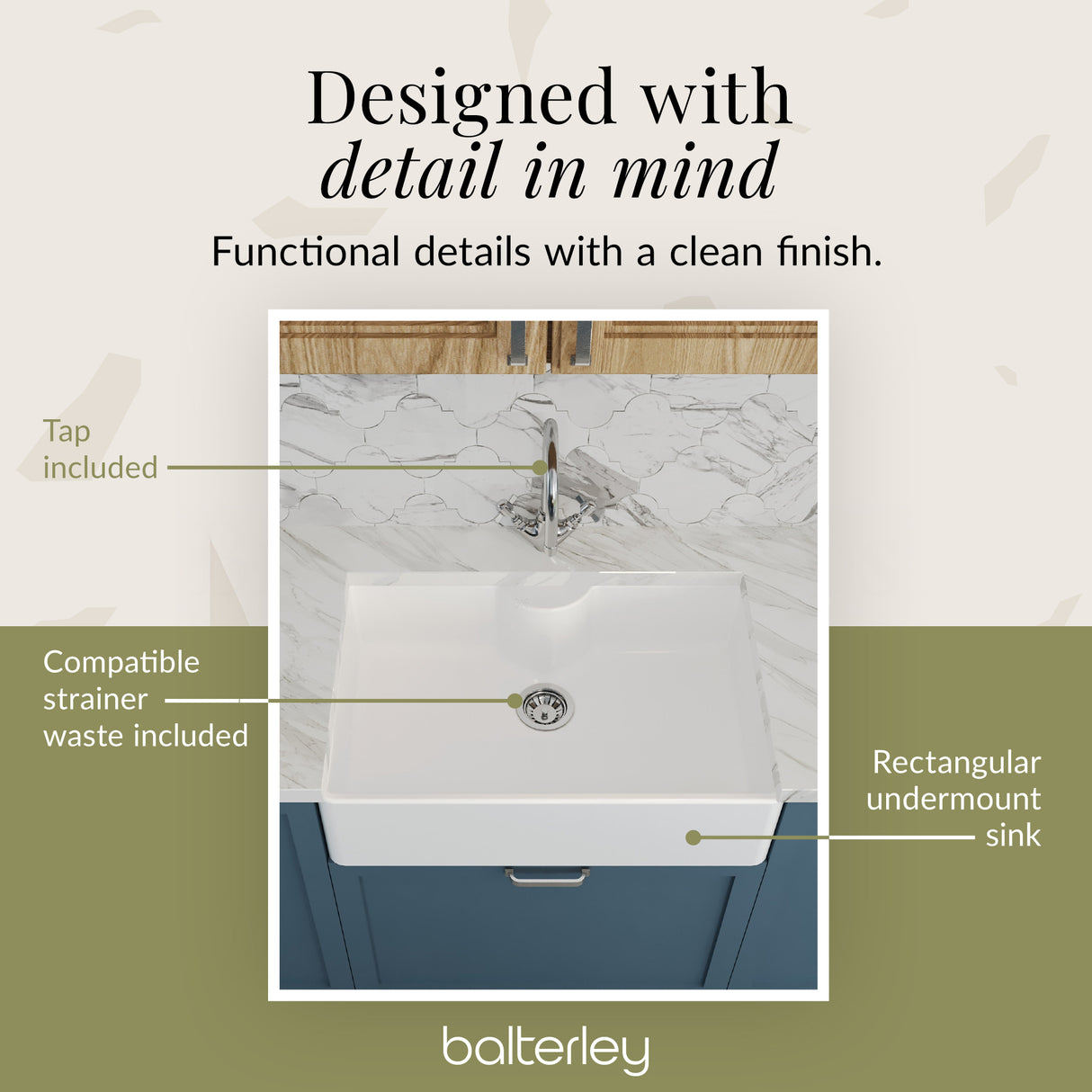 Single Bowl Fireclay Ceramic Butler Kitchen Sink Bundle with a Classic Tap, Tap Ledge & Waste
