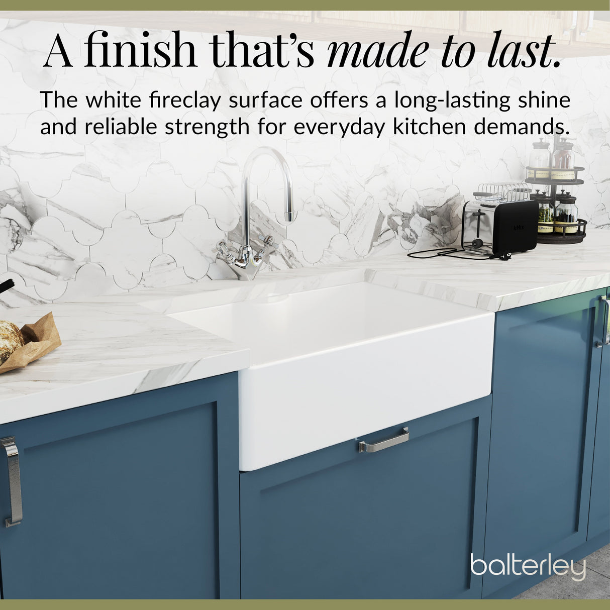 Single Bowl Fireclay Ceramic Butler Kitchen Sink Bundle with a Classic Tap, Tap Ledge & Waste