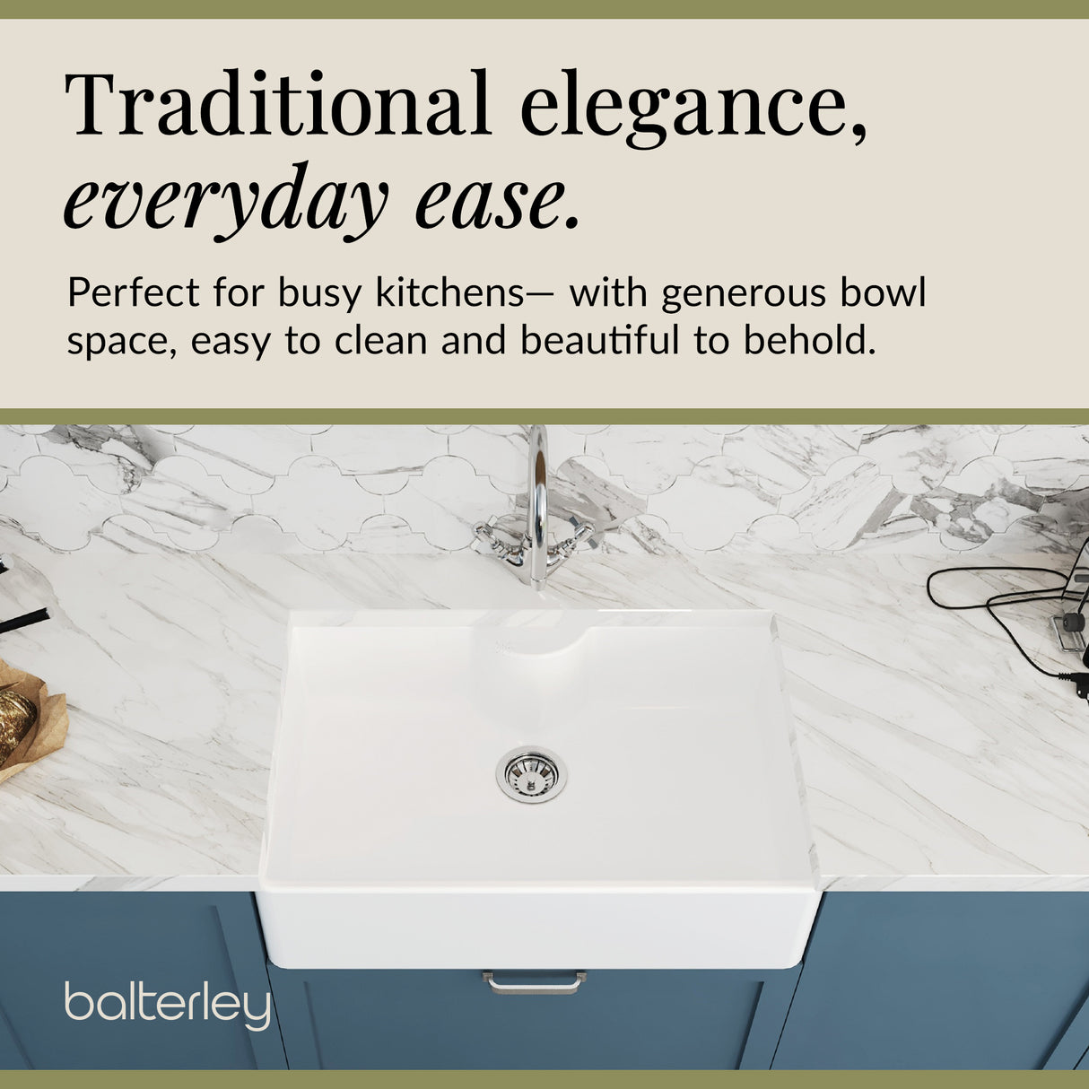 Single Bowl Fireclay Ceramic Butler Kitchen Sink Bundle with a Classic Tap, Tap Ledge & Waste