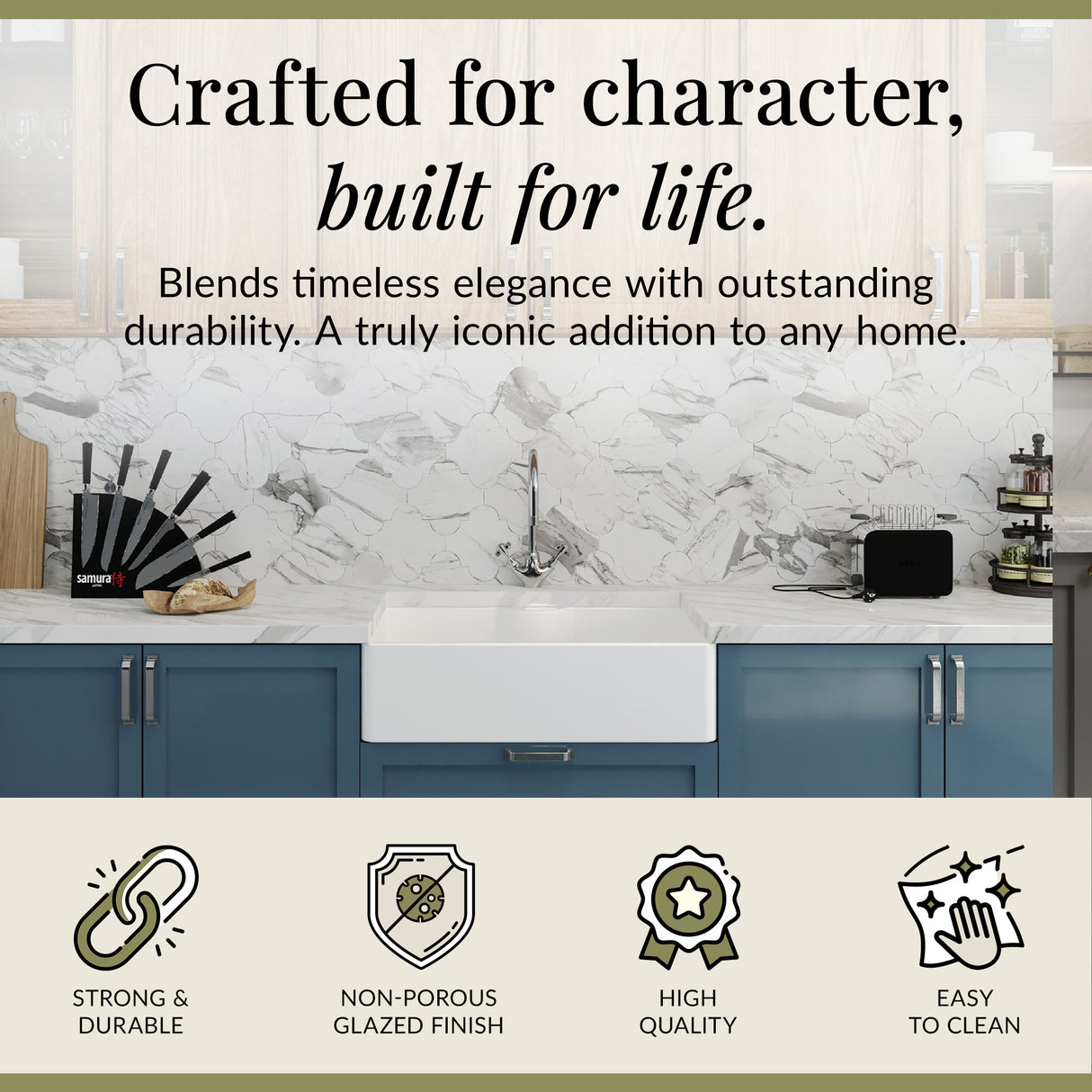 Single Bowl Fireclay Ceramic Butler Kitchen Sink Bundle with a Classic Tap, Tap Ledge & Waste