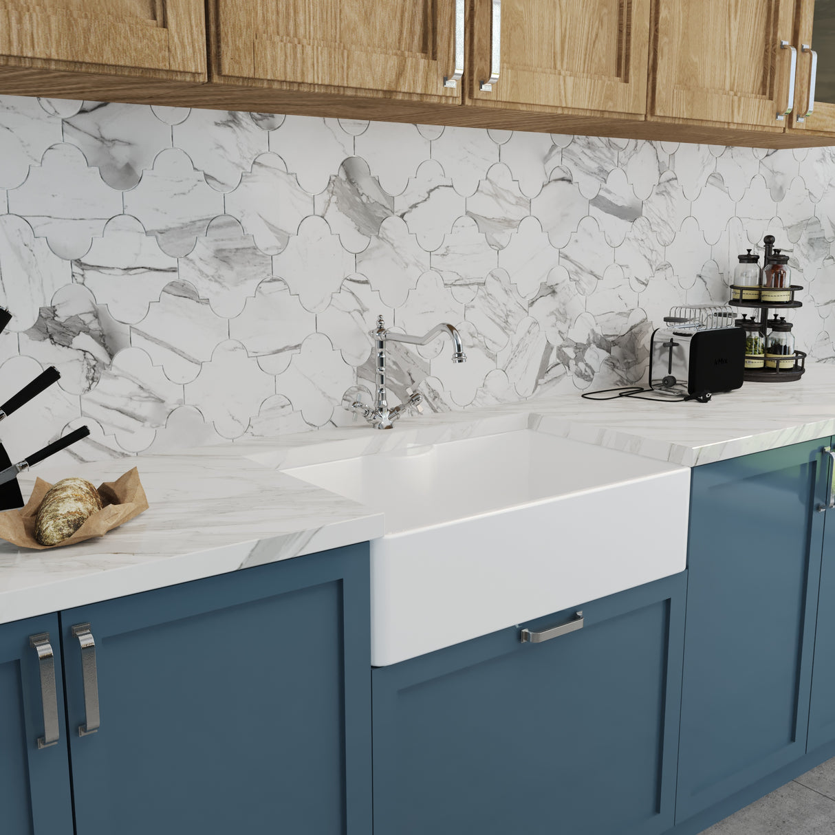 Single Bowl Fireclay Ceramic Butler Kitchen Sink Bundle with a Classic Tap, Tap Ledge & Waste