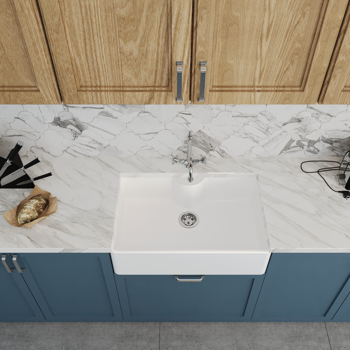 Single Bowl Fireclay Ceramic Butler Kitchen Sink Bundle with a Classic Tap, Tap Ledge & Waste