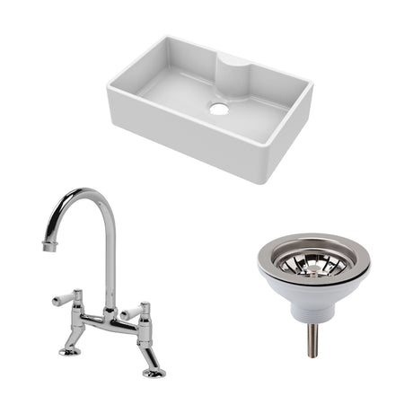 [BKS208WT5] Fireclay Kitchen Bundle - Single Bowl Butler Sink with Tap Ledge, Waste & Bridge Mixer Tap, 795mm - Chrome - Cutout