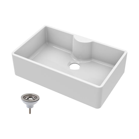 [BKS208W] Single Bowl Fireclay Ceramic Butler Kitchen Sink with Tap Ledge & Strainer Waste - Cutout