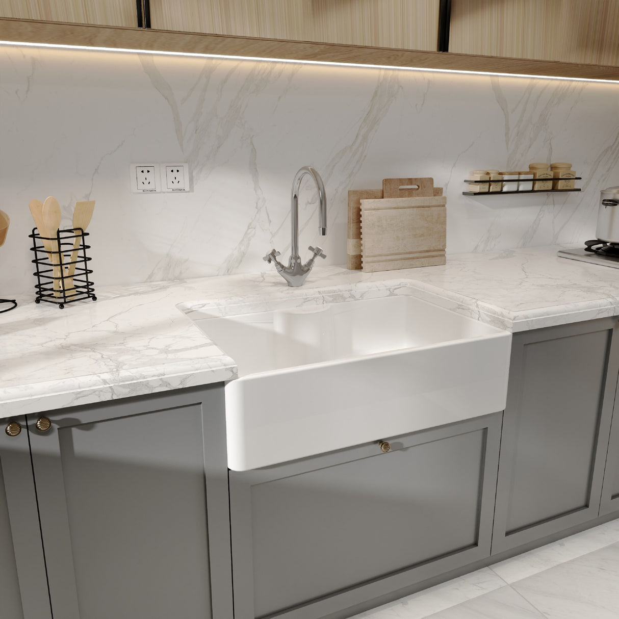 [BKS208W] Single Bowl Fireclay Ceramic Butler Kitchen Sink with Tap Ledge & Strainer Waste - Lifestyle 3