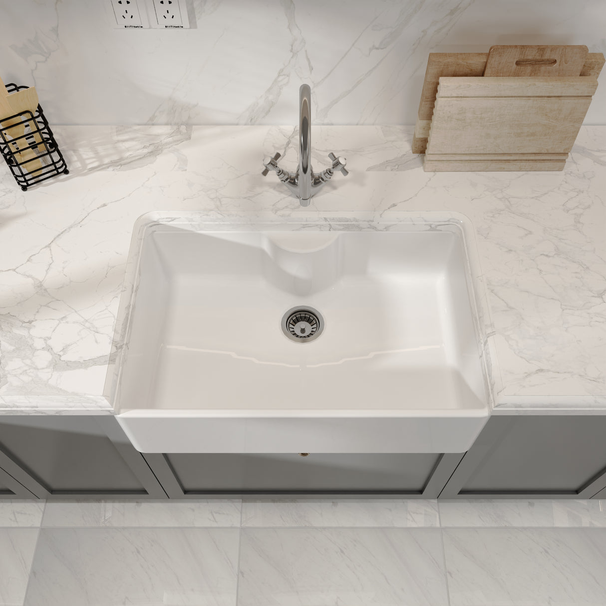 Single Bowl Fireclay Ceramic Butler Kitchen Sink with Tap Ledge