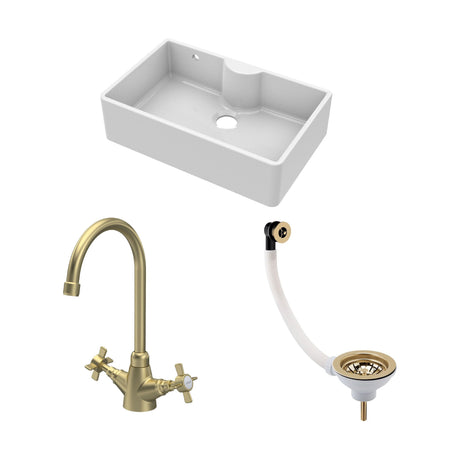 [BKS209WT11] Traditional Fireclay Kitchen Bundle: 1 Bowl Butler Sink with Overflow & Ledge, Waste & Mono Tap, 795mm - Brushed Brass - Cutout
