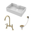 [BKS209WT15] Traditional Fireclay Kitchen Bundle: 1 Bowl Butler Sink with Overflow & Ledge, Waste & Lever Tap, 795mm - Brushed Brass - Cutout