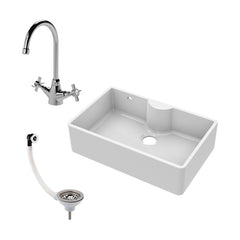[BKS209WT2] Single Bowl Fireclay Ceramic Butler Kitchen Sink Bundle with Tap Ledge, Tap & Waste - Cutout
