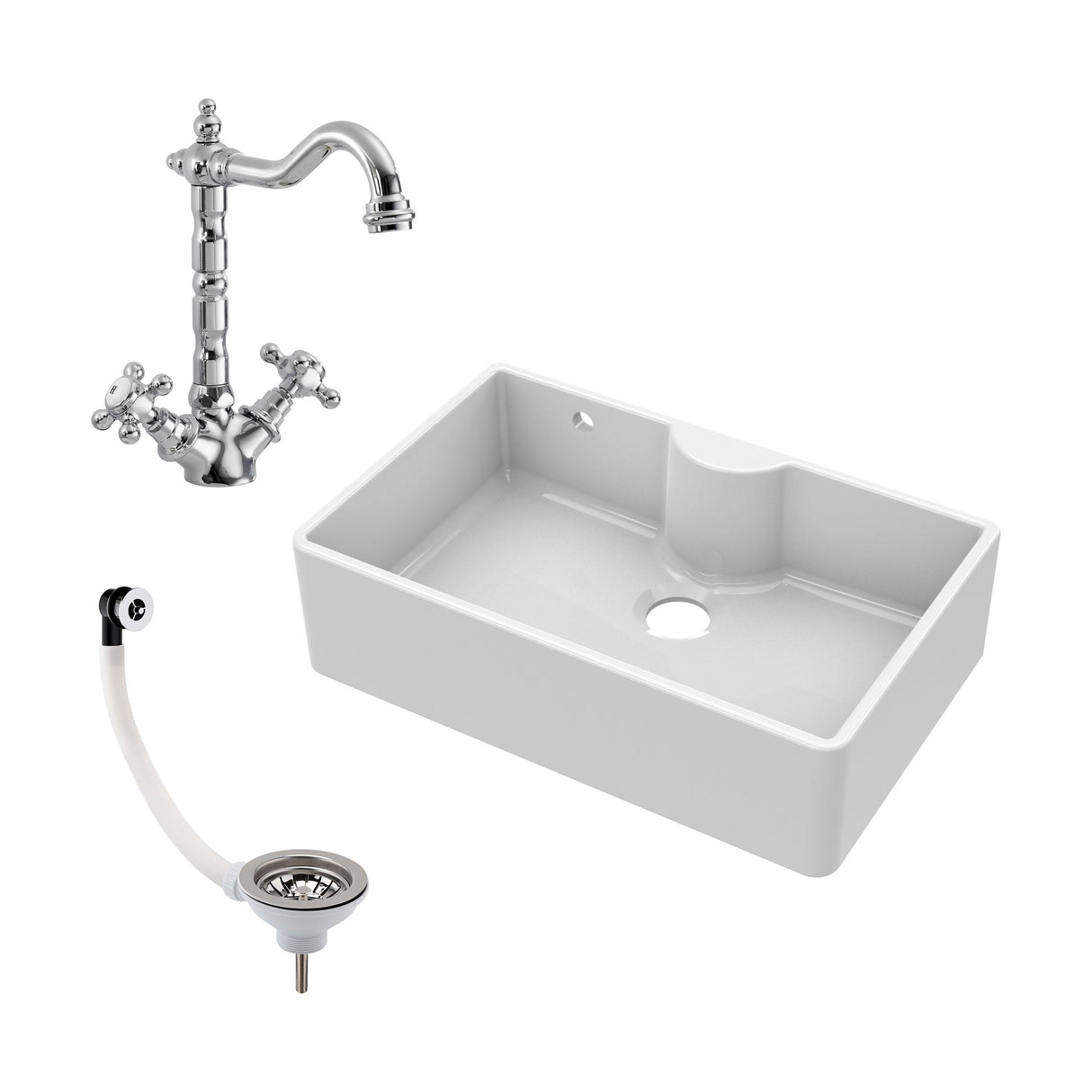 [BKS209WT4] Single Bow Fireclay Ceramic Butler Kitchen Sink Bundle with Tap Ledge, French Classic Tap & Waste - Cutout