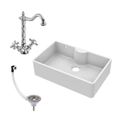 [BKS209WT4] Single Bow Fireclay Ceramic Butler Kitchen Sink Bundle with Tap Ledge, French Classic Tap & Waste - Cutout