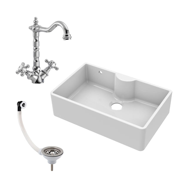 [BKS209WT4] Single Bow Fireclay Ceramic Butler Kitchen Sink Bundle with Tap Ledge, French Classic Tap & Waste - Cutout