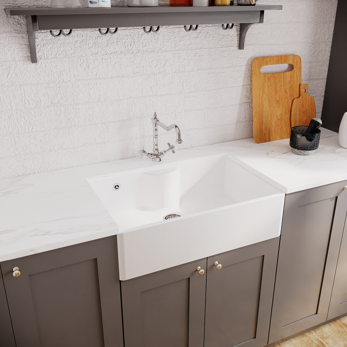 Single Bow Fireclay Ceramic Butler Kitchen Sink Bundle with Tap Ledge, French Classic Tap & Waste