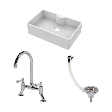[BKS209WT5] Traditional Fireclay Kitchen Bundle: 1 Bowl Butler Sink with Overflow & Ledge, Waste & Bridge Mixer Tap, 795mm - Chrome - Cutout