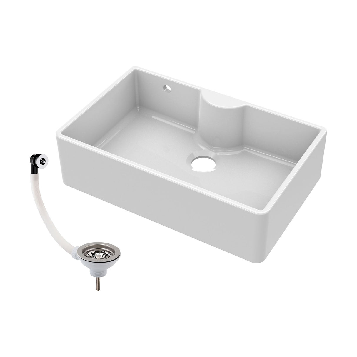 [BKS209W] Single Bowl Fireclay Ceramic Butler Kitchen Sink with Tap Ledge and Overflow and Chrome Basket Strainer Waste - 795mm - Cutout