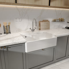 [BKS209W] Single Bowl Fireclay Ceramic Butler Kitchen Sink with Tap Ledge and Overflow and Chrome Basket Strainer Waste - 795mm - Lifestyle 3