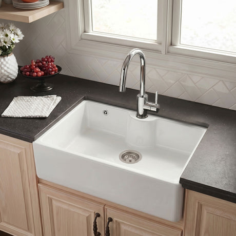 [BKS209W] Single Bowl Fireclay Ceramic Butler Kitchen Sink with Tap Ledge and Overflow and Chrome Basket Strainer Waste - 795mm - Silo