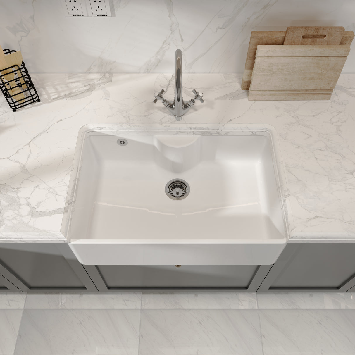 Single Bowl Butler Kitchen Sink with Tap Ledge and Overflow