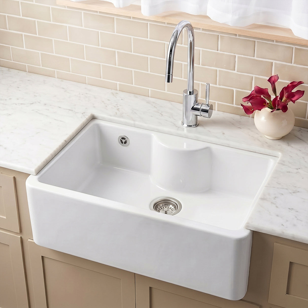 Single Bowl Fireclay Ceramic Butler Kitchen Sink - Variety of Sizes and Features Available