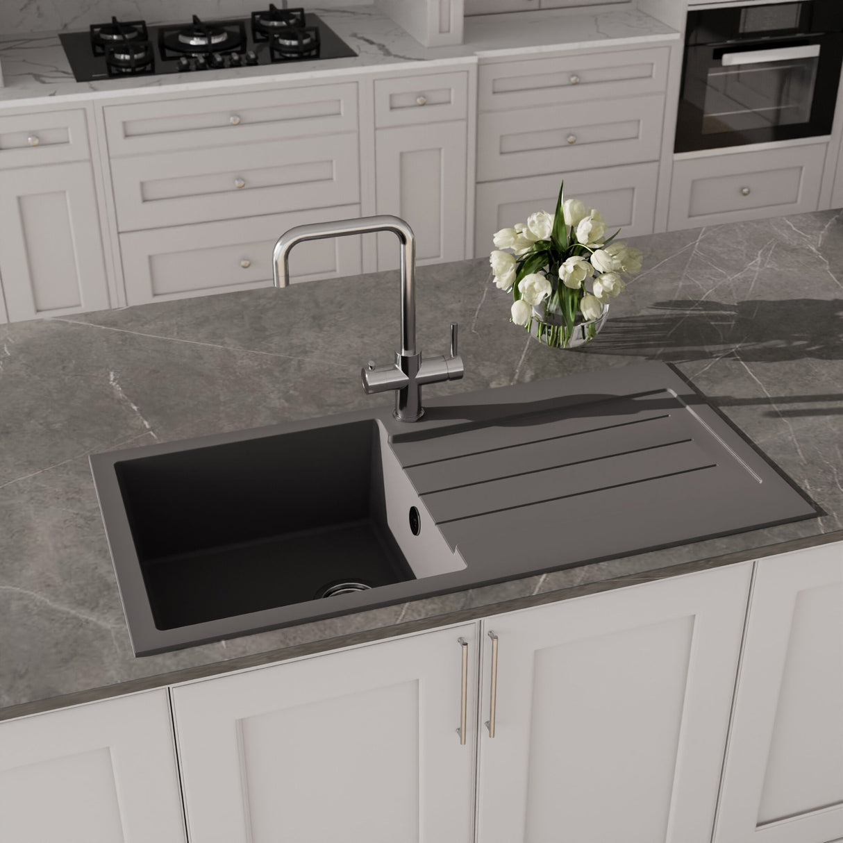 [BKS21050S] 100cm Composite Inset Kitchen Sink with Overflow & Drainer - Available in Multiple Colours - Lifestyle 1