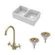 [BKS210WT11] Traditional Fireclay Kitchen Bundle: Double Bowl Full Weir Butler Sink No Overflow, Wastes & Mono Tap, 795mm - Brushed Brass - Cutout