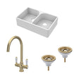[BKS210WT12] Traditional Fireclay Kitchen Bundle: Double Bowl Full Weir Butler Sink No Overflow with Waste & Lever Tap, 795mm - Brushed Brass - Cutout