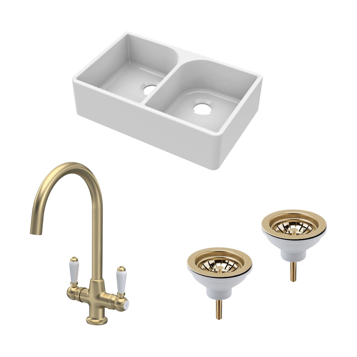 [BKS210WT12] Traditional Fireclay Kitchen Bundle: Double Bowl Full Weir Butler Sink No Overflow with Waste & Lever Tap, 795mm - Brushed Brass - Cutout