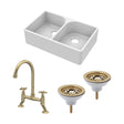 [BKS210WT14] Traditional Fireclay Kitchen Bundle: Double Bowl Full Weir Butler Sink No Overflow, Wastes & Bridge Tap, 795mm - Brushed Brass - Cutout