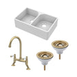 [BKS210WT15] Fireclay Kitchen Bundle - Double Bowl Full Weir Butler Sink No Overflow, Wastes & Tap, 795mm - Brushed Brass - Cutout