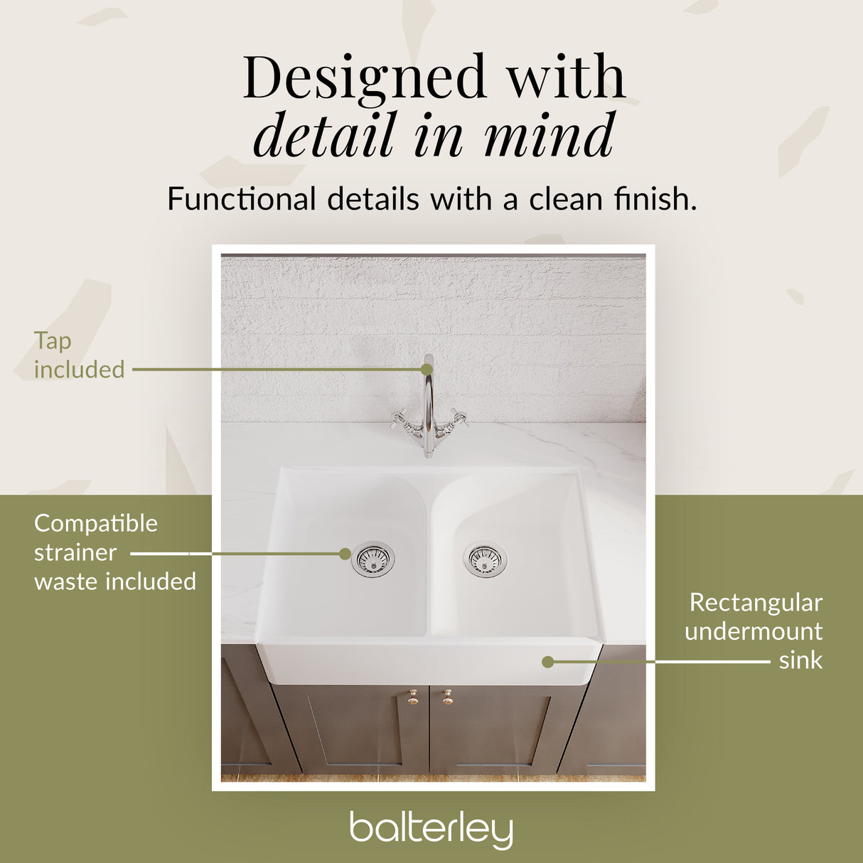Double Bowl Fireclay Ceramic Full Weir Butler Kitchen Sink Bundle with Mono Mixer Tap & Waste
