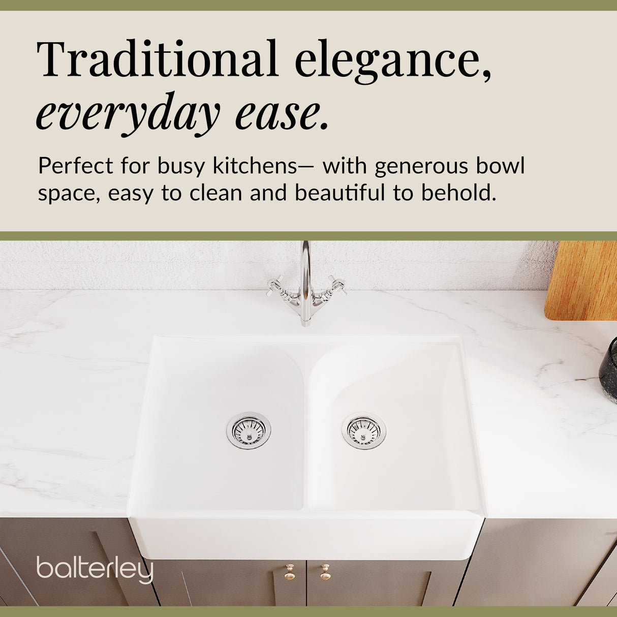 Double Bowl Fireclay Ceramic Full Weir Butler Kitchen Sink Bundle with Mono Mixer Tap & Waste