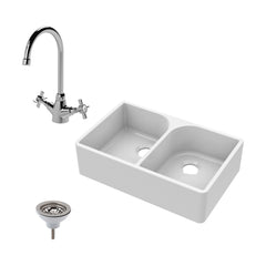 [BKS210WT2] Traditional Double Bowl Fireclay Ceramic Full Weir Butler Kitchen Sink Bundle with Mono Mixer Tap & Waste - Cutout