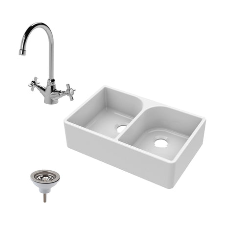 [BKS210WT2] Traditional Double Bowl Fireclay Ceramic Full Weir Butler Kitchen Sink Bundle with Mono Mixer Tap & Waste - Cutout