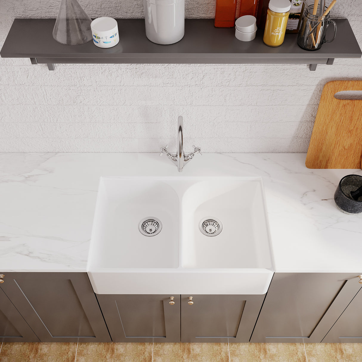 Double Bowl Fireclay Ceramic Full Weir Butler Kitchen Sink Bundle with Mono Mixer Tap & Waste