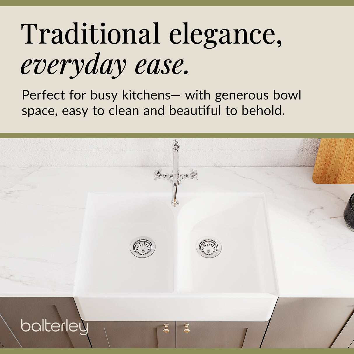 Double Bowl Fireclay Ceramic Full Weir Butler Kitchen Sink Bundle with Classic Tap & Waste