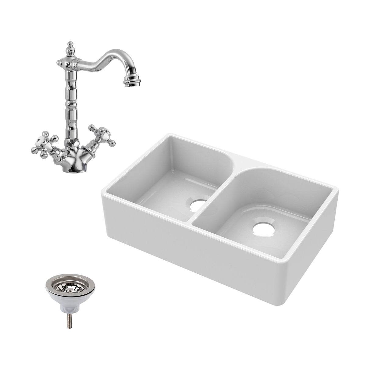 [BKS210WT4] Double Bowl Fireclay Ceramic Full Weir Butler Kitchen Sink Bundle with Classic Tap & Waste - Cutout
