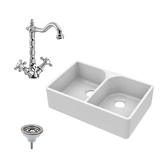 [BKS210WT4] Double Bowl Fireclay Ceramic Full Weir Butler Kitchen Sink Bundle with Classic Tap & Waste - Cutout