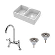 [BKS210WT5] Traditional Fireclay Kitchen Bundle: Double Bowl Full Weir Butler Sink No Overflow, Wastes & Bridge Lever Tap, 795mm - Chrome - Cutout