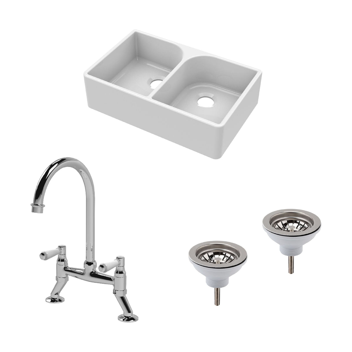 [BKS210WT5] Traditional Fireclay Kitchen Bundle: Double Bowl Full Weir Butler Sink No Overflow, Wastes & Bridge Lever Tap, 795mm - Chrome - Cutout
