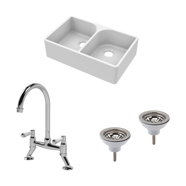 [BKS210WT5] Traditional Fireclay Kitchen Bundle: Double Bowl Full Weir Butler Sink No Overflow, Wastes & Bridge Lever Tap, 795mm - Chrome - Cutout