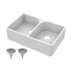 [BKS210W] Traditional Double Bowl Fireclay Ceramic Butler Kitchen Sink with Full Weir and Chrome Basket Strainer Wastes - 795mm - Cutout