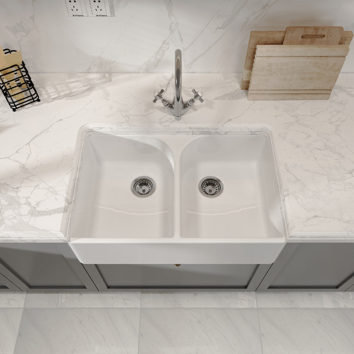 [BKS210W] Traditional Double Bowl Fireclay Ceramic Butler Kitchen Sink with Full Weir and Chrome Basket Strainer Wastes - 795mm - Lifestyle 2
